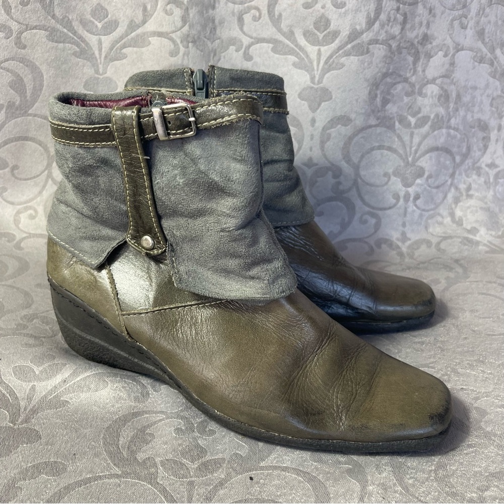 Women's Leather Olive Leather Wedge Ankle Boots Sz 38